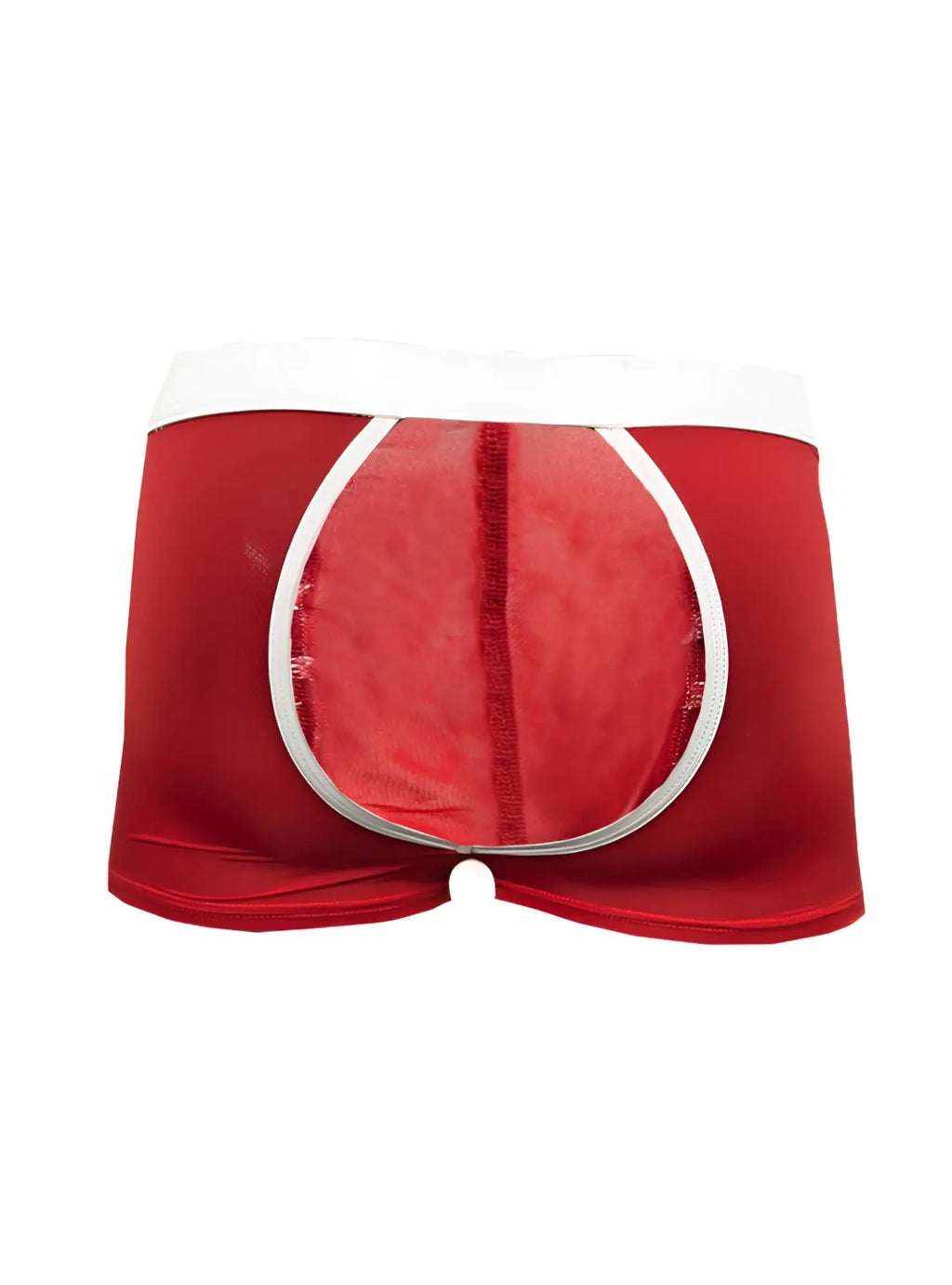 Open back trunk red satin briefs with white elastic waistband and circular cutout detail shown from the back side