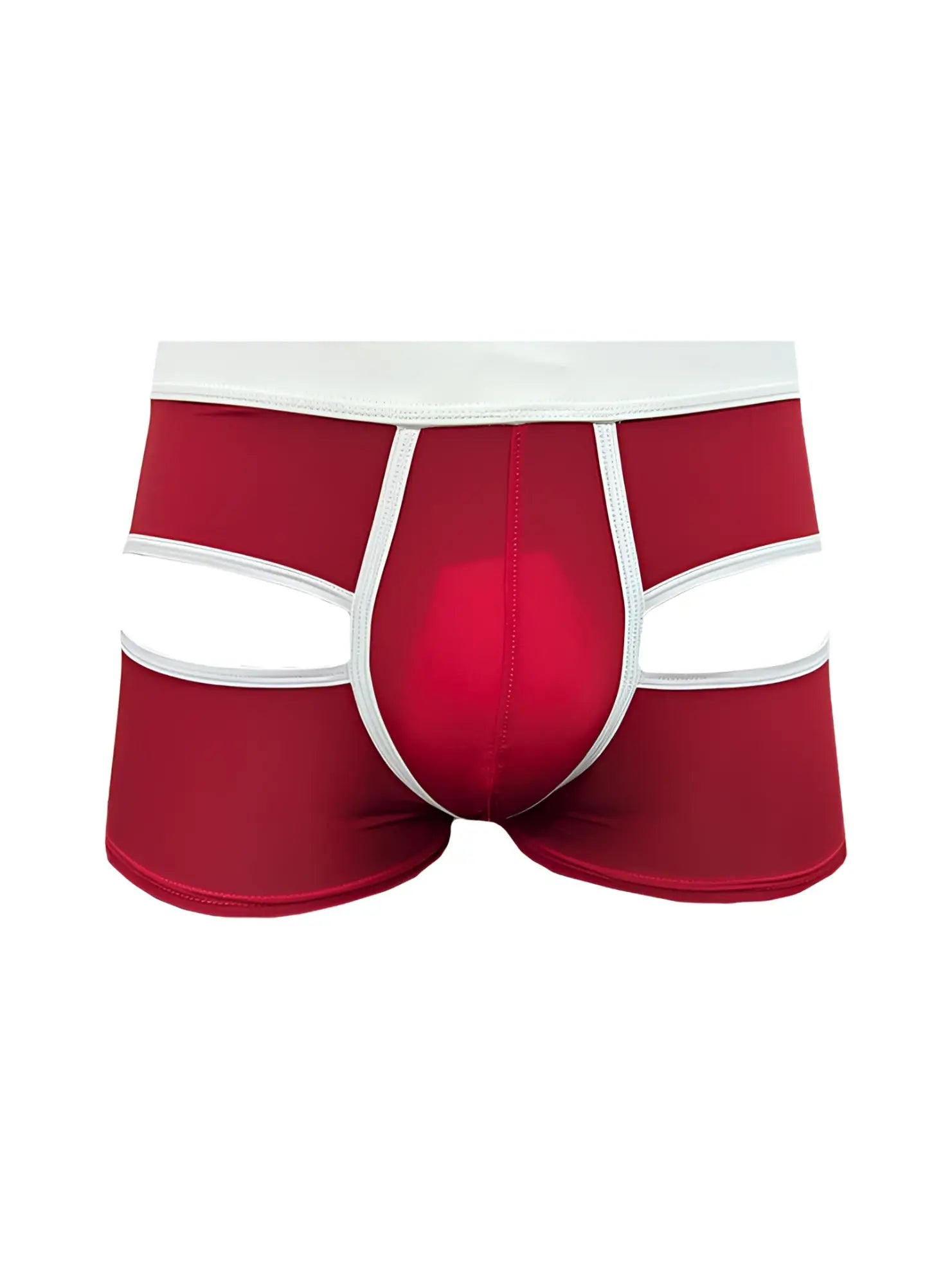 Red and white open back trunk boxer briefs with cut-out details and a sleek modern design