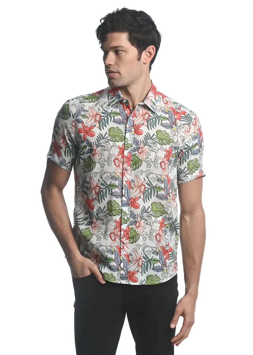 A man wearing an orchids tencel linen short-sleeved woven shirt with vibrant tropical floral pattern on beige background