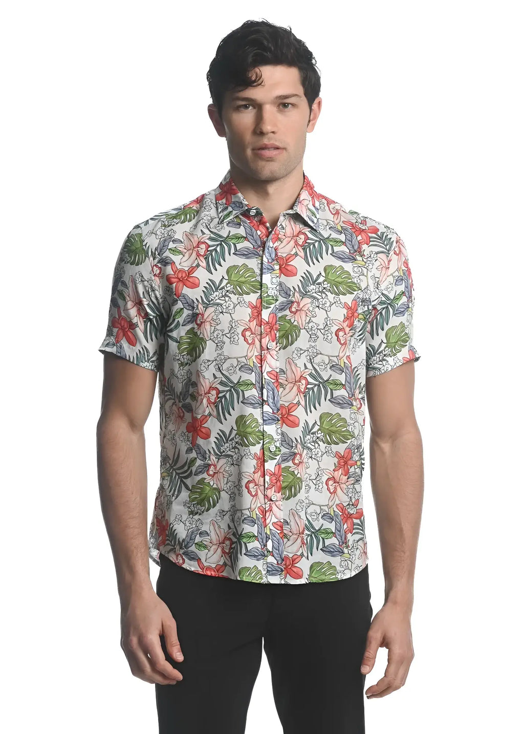 A men’s short-sleeved button-up shirt with a vibrant tropical floral pattern on light beige tencel linen fabric