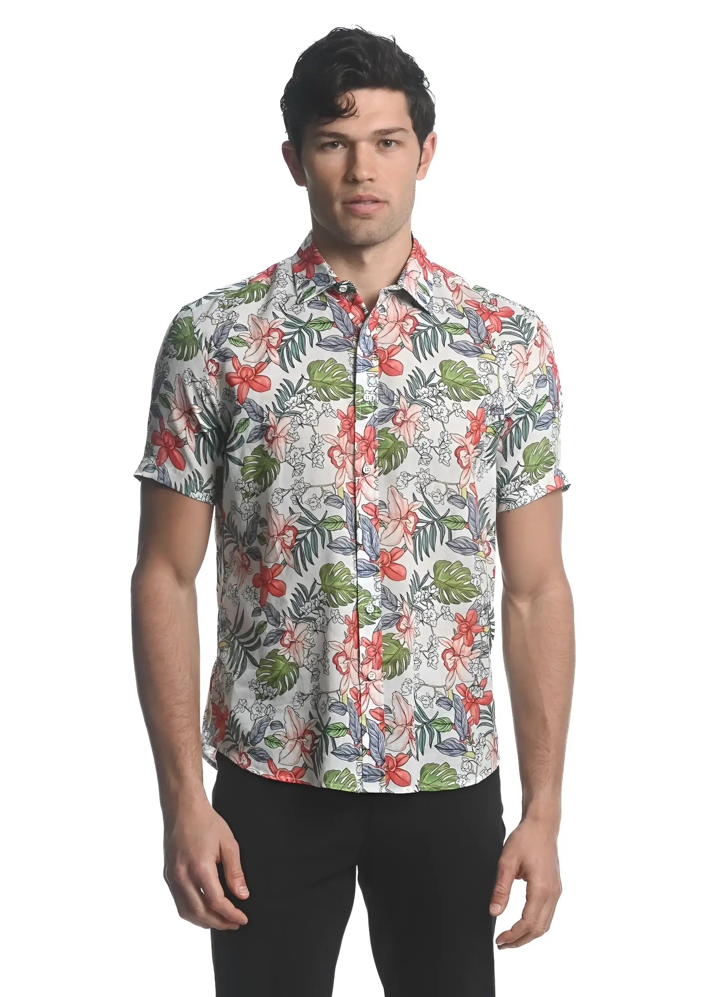 A men’s short-sleeved button-up shirt with a vibrant tropical floral pattern on light beige tencel linen fabric