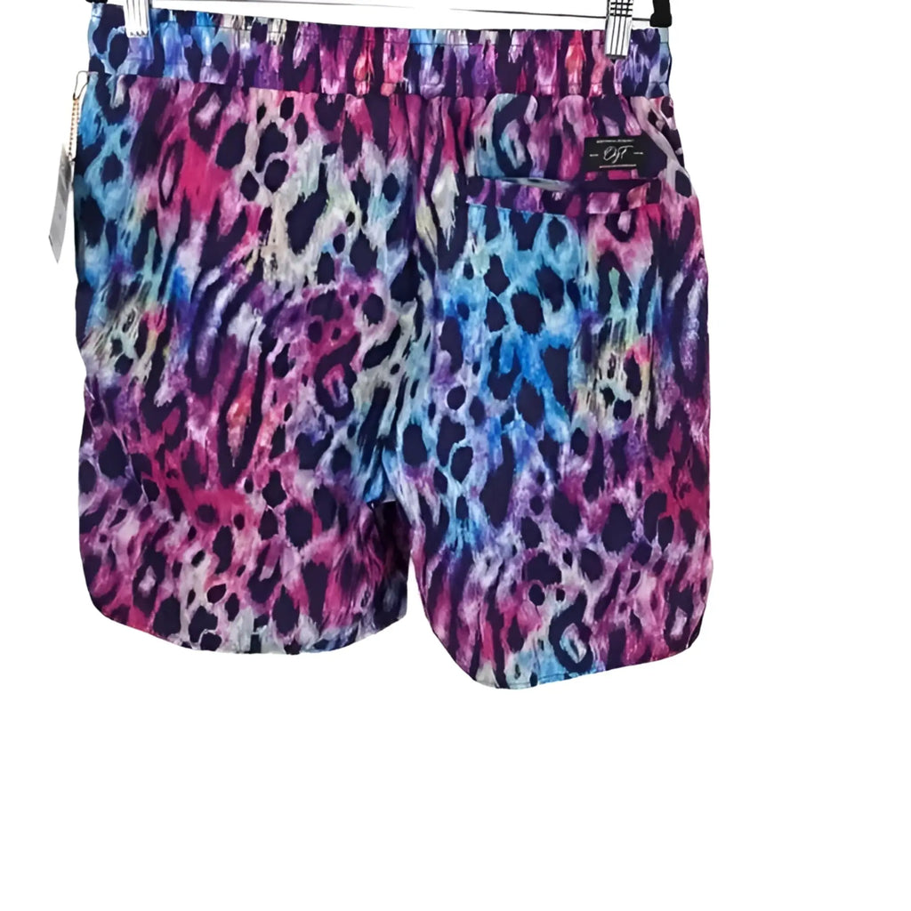 Original Fables swim shorts Instinct vibrant multicolored leopard print swim trunks in pink purple blue and black hues