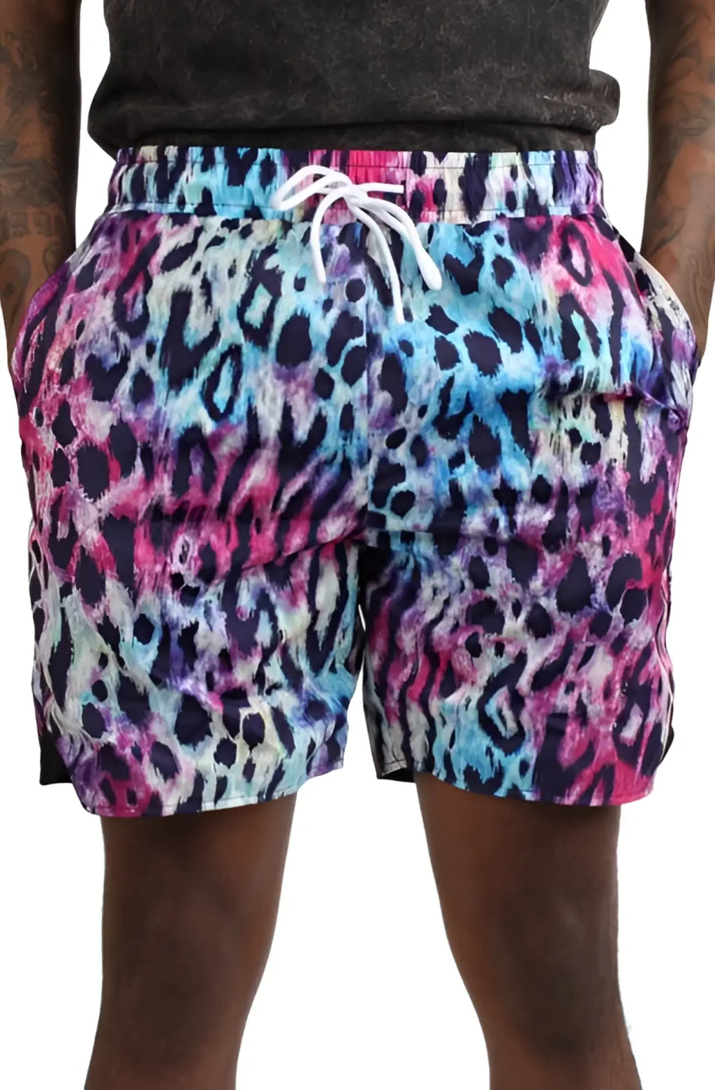 Original Fables swim shorts featuring vibrant tie-dye leopard print and a white drawstring waistband for casual wear