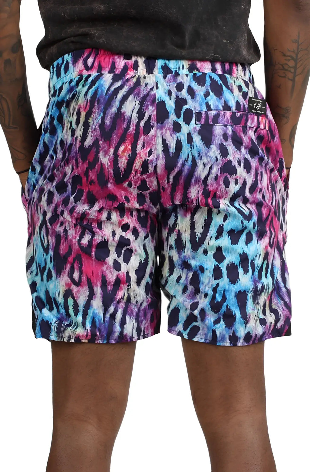 Original Fables swim shorts Instinct vibrant tie-dye leopard print swim trunks in pink blue and purple colors