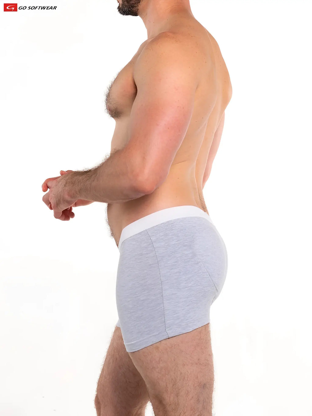 Original padded butt boxer brief in gray heathered fabric with a solid white waistband shown from the back side