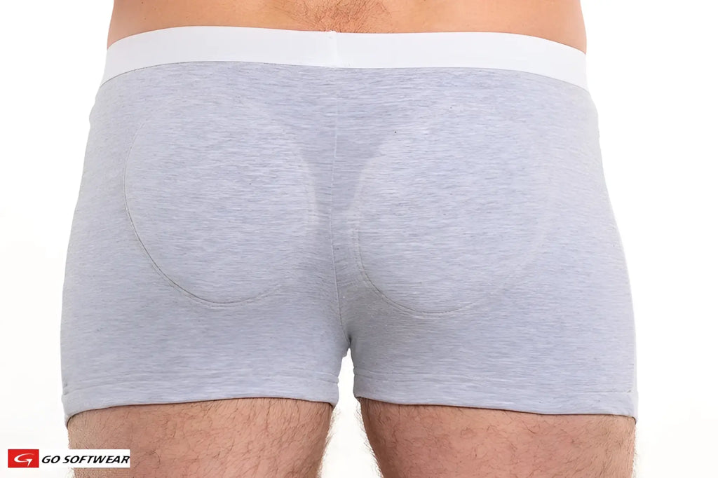 Gray heathered original padded butt boxer brief back view with white elastic waistband and circular padded sections