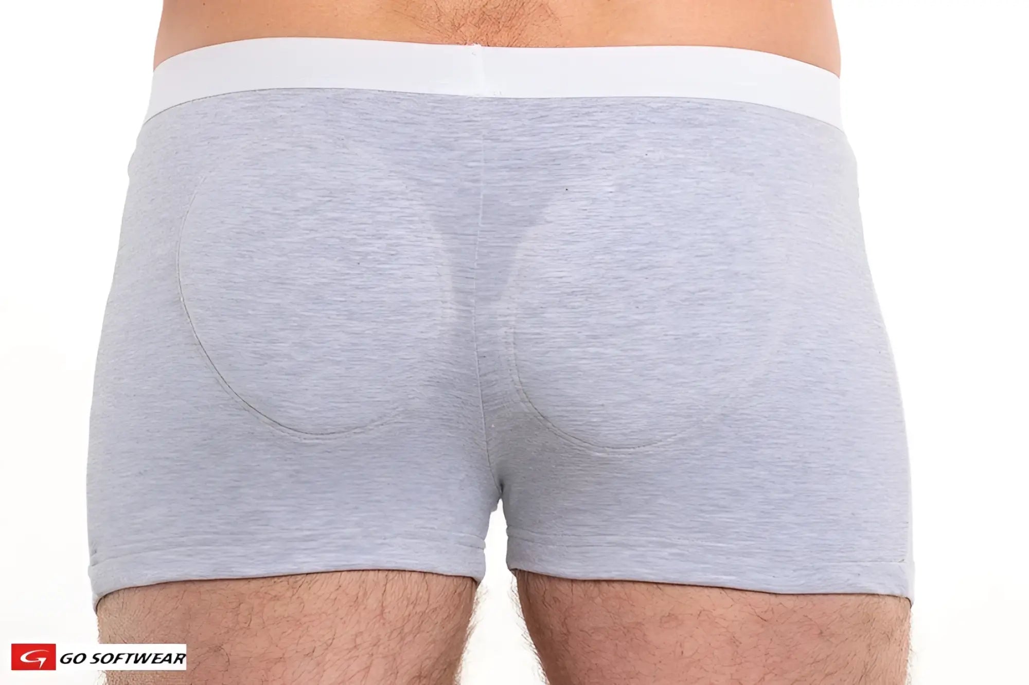 Gray heathered original padded butt boxer brief back view with white elastic waistband and circular padded sections