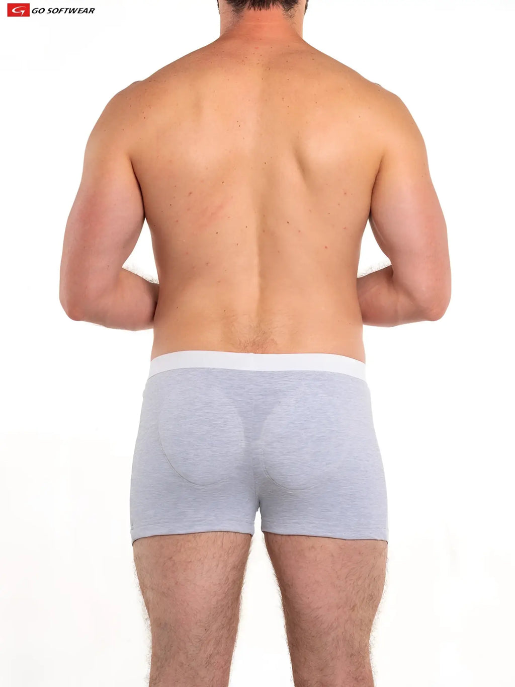 Back view of original padded butt boxer brief gray heathered briefs with white elastic waistband and subtle padding
