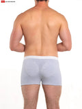 Back view of original padded butt boxer brief gray heathered briefs with white elastic waistband and subtle padding