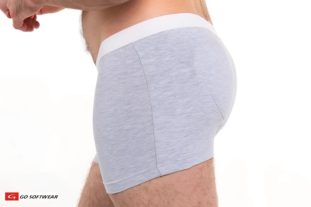 Gray heathered original padded butt boxer brief with white elastic waistband showing the back side of the product