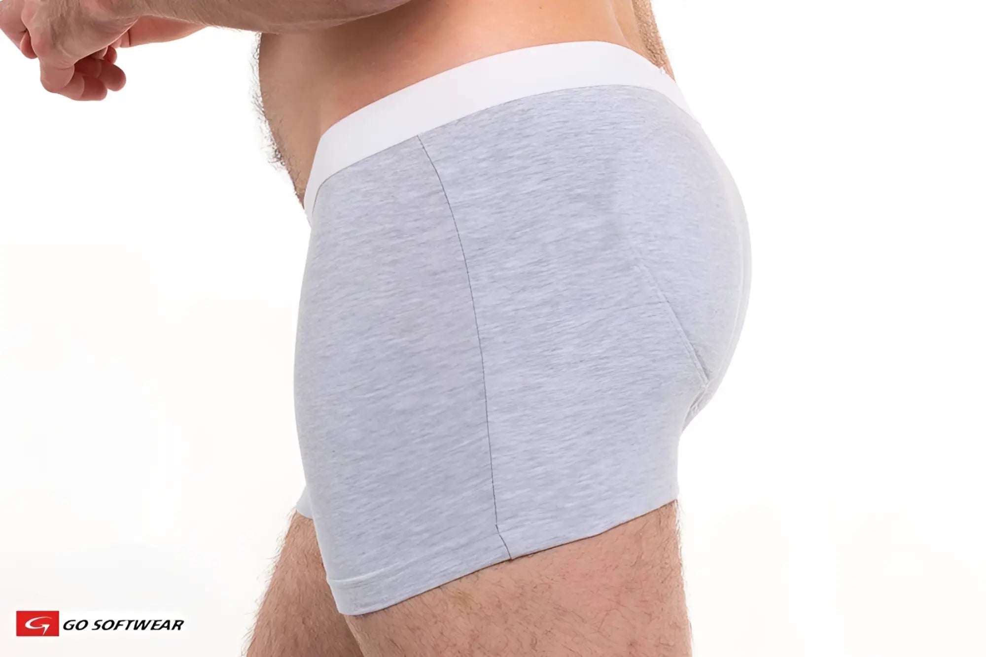 Gray heathered original padded butt boxer brief with white elastic waistband showing the back side of the product