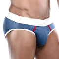 Blue denim style otzi ote005 jockstrap briefs with white trim and red accent stitching in front view