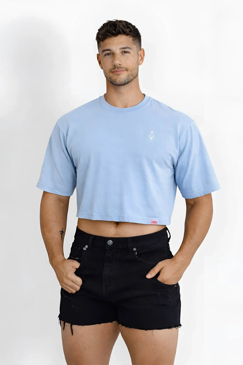 Light blue oversized relaxed crop top with small white logo on left chest and red tag at bottom hem