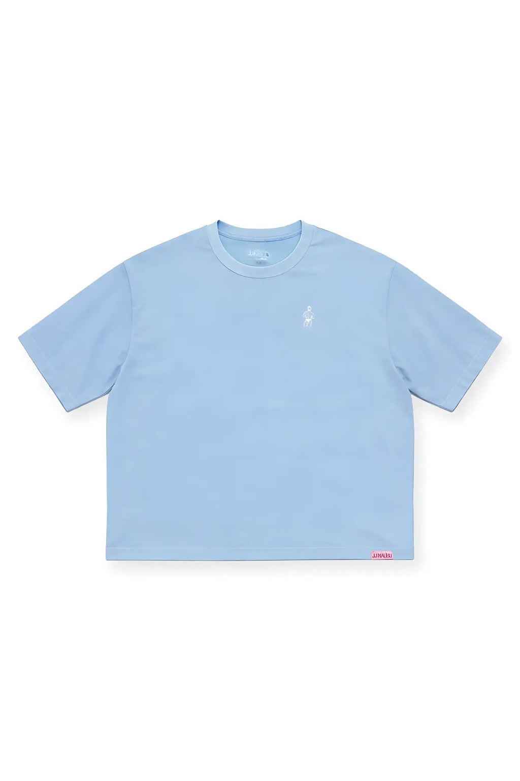Oversized relaxed crop top baby blue with short sleeves white embroidered logo and red tag at bottom right hem