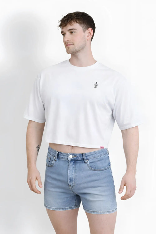 Ivory oversized relaxed crop top with a white cropped t-shirt design and small black embroidered logo on left chest