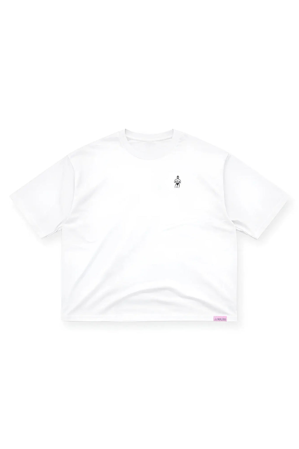 Ivory oversized relaxed crop top with white cotton fabric, small black embroidered graphic, and pink brand tag on hem