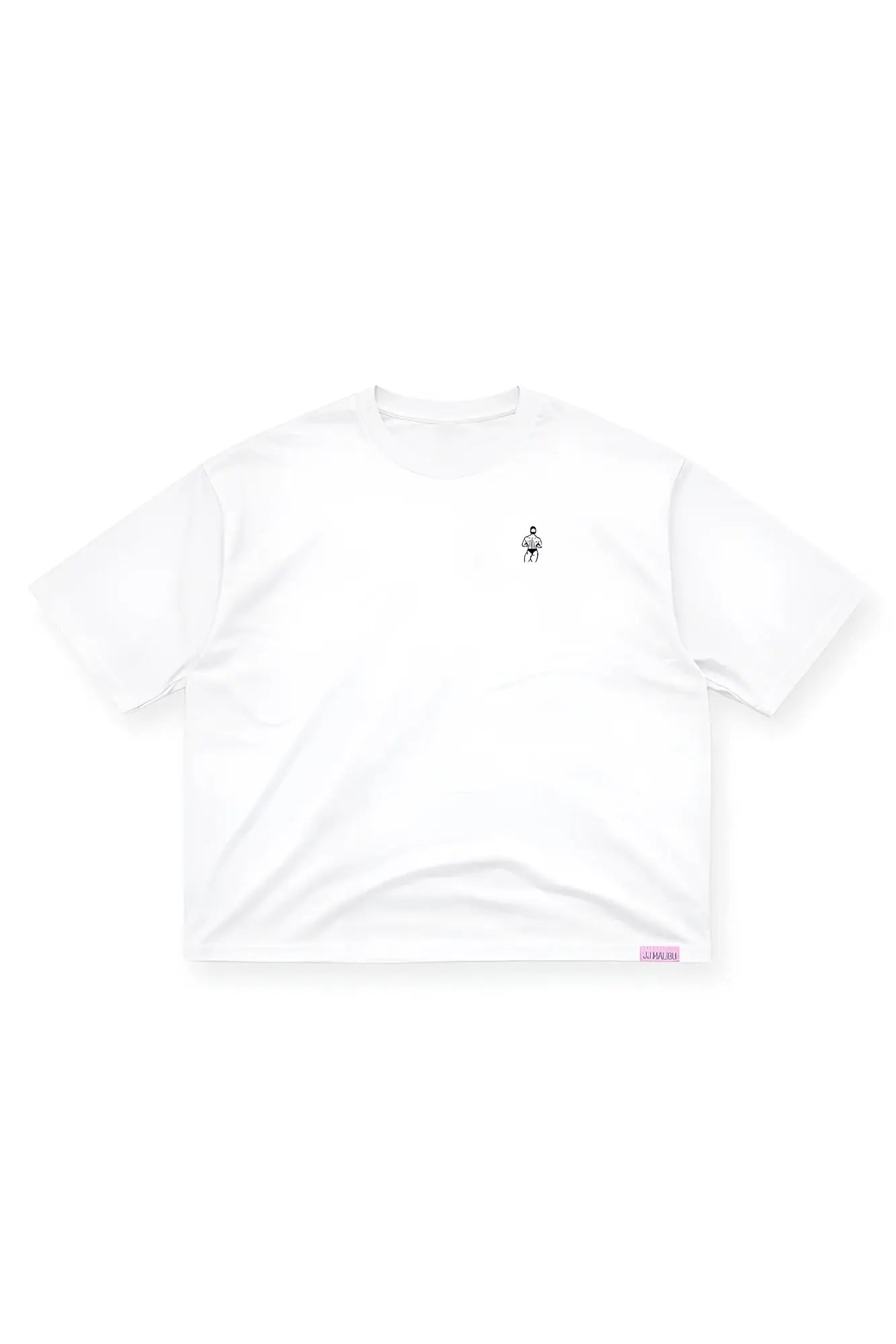 Ivory oversized relaxed crop top with white cotton fabric, small black embroidered graphic, and pink brand tag on hem