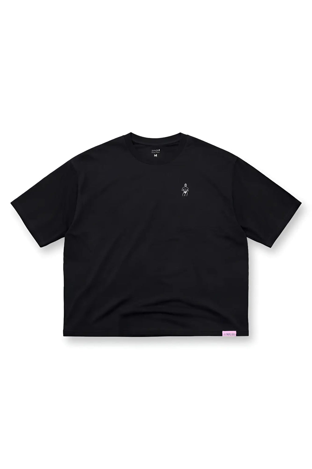 Oversized relaxed crop top in midnight black with short sleeves and white embroidered logo on left chest