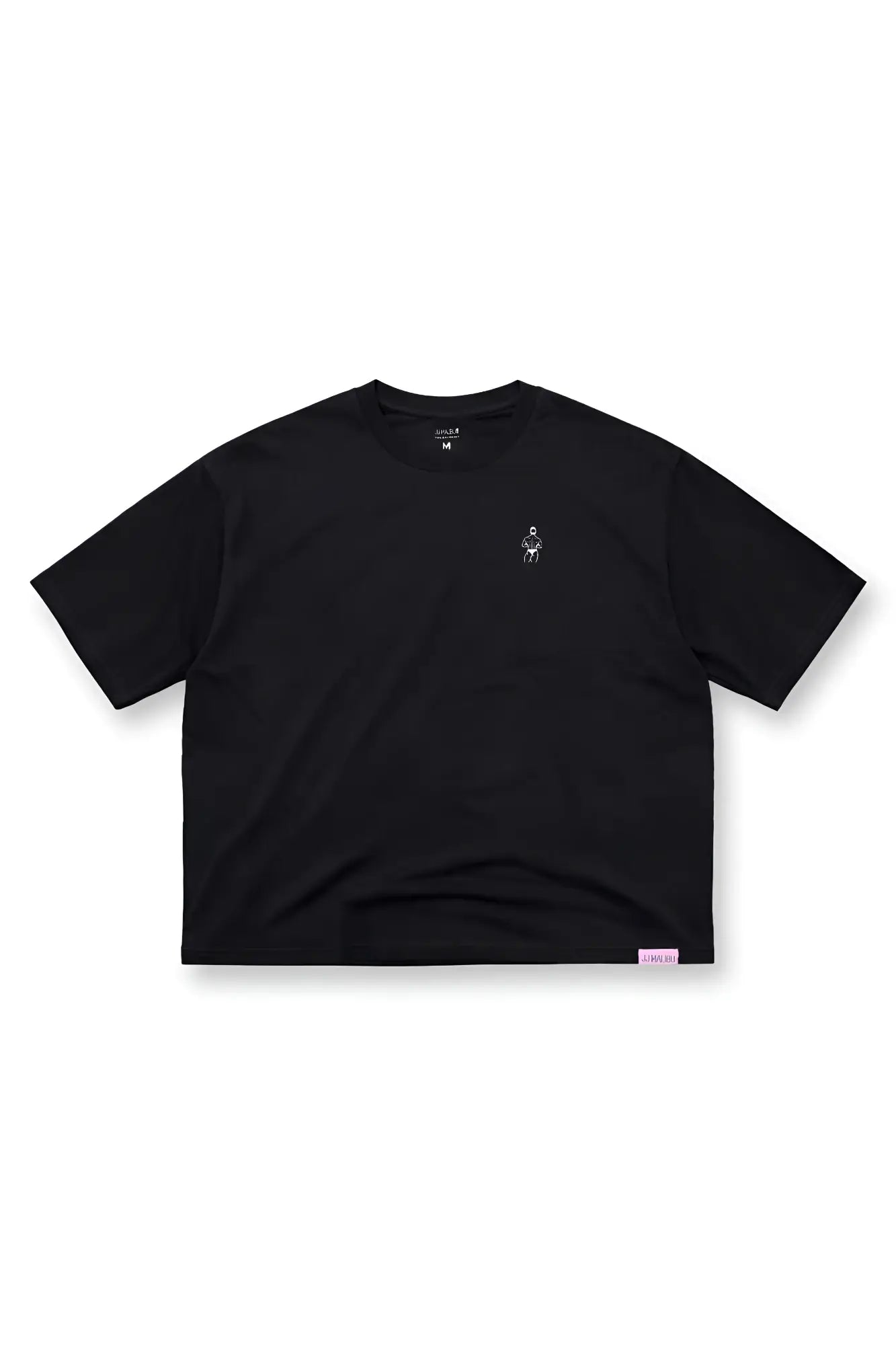 Oversized relaxed crop top in midnight black with short sleeves and white embroidered logo on left chest