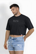 Black oversized relaxed cotton crop top with puta printed in gray across the chest for casual wear