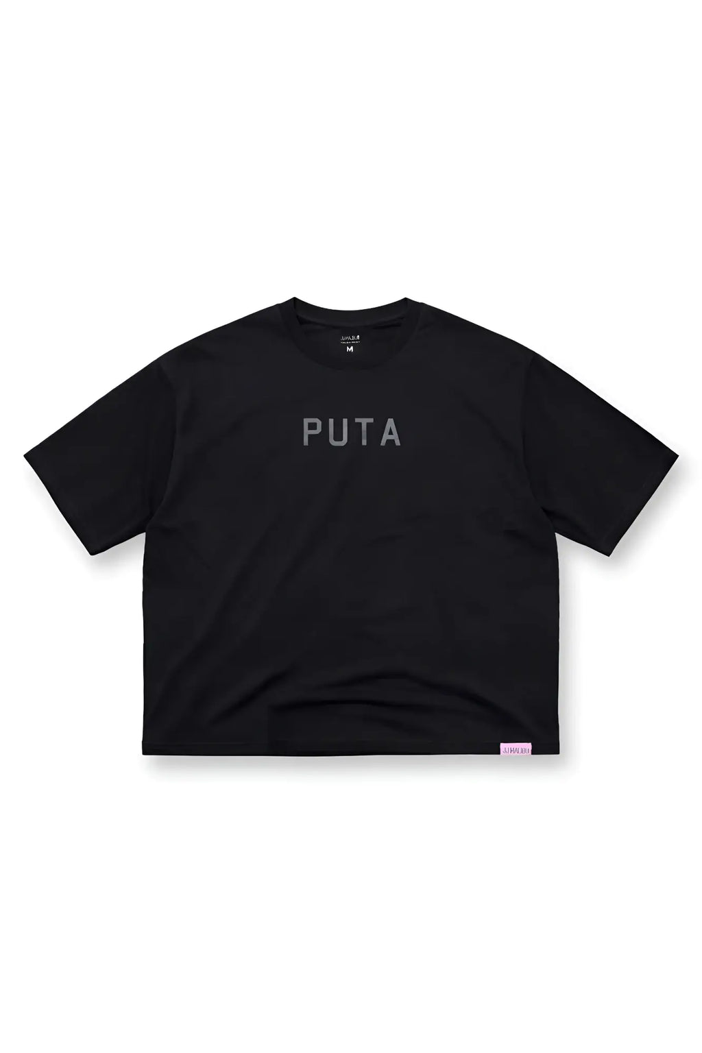 Black oversized relaxed crop top made of soft fabric featuring a subtle gray puta logo across the chest