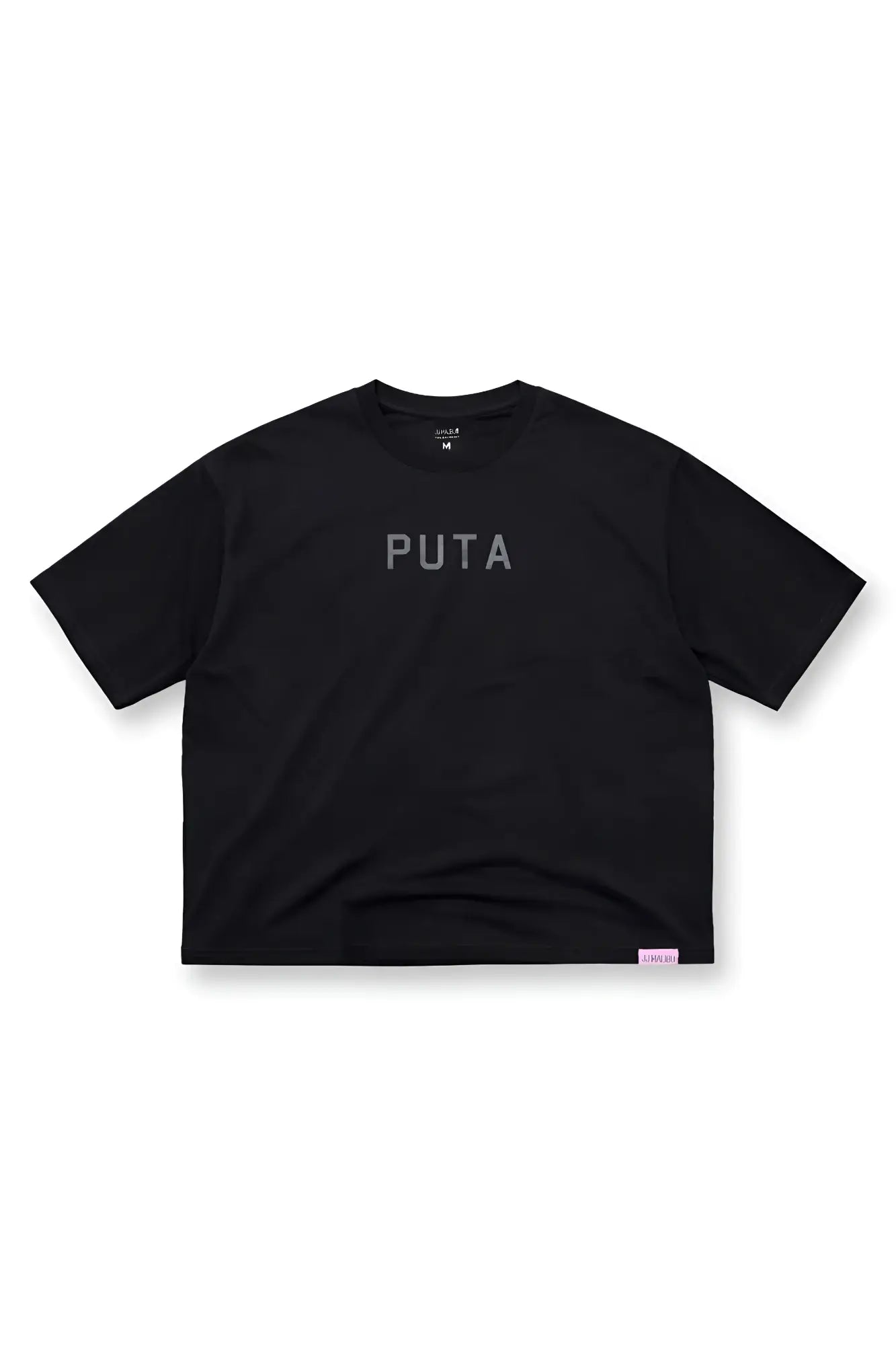 Black oversized relaxed crop top made of soft fabric featuring a subtle gray puta logo across the chest