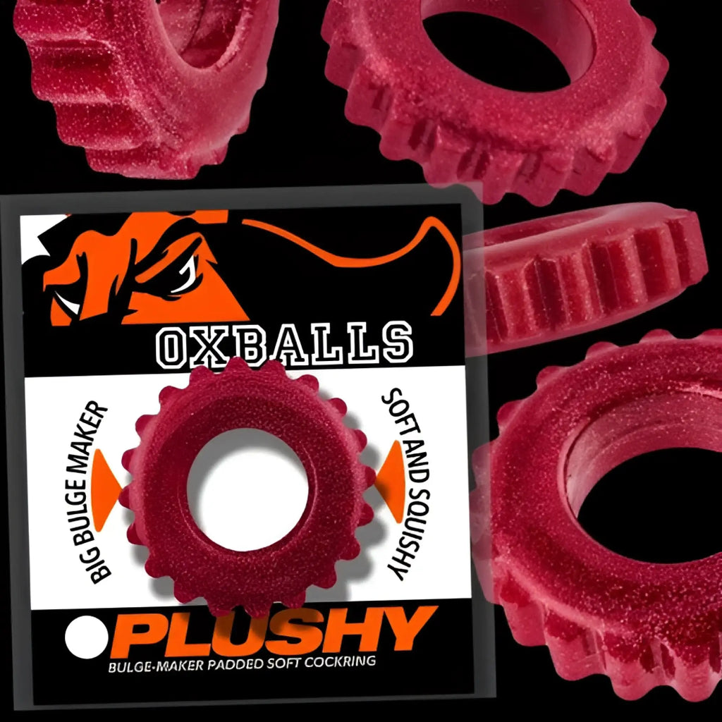 Red textured gear-shaped oxballs plushy cockring made of soft squishy padded material for comfort