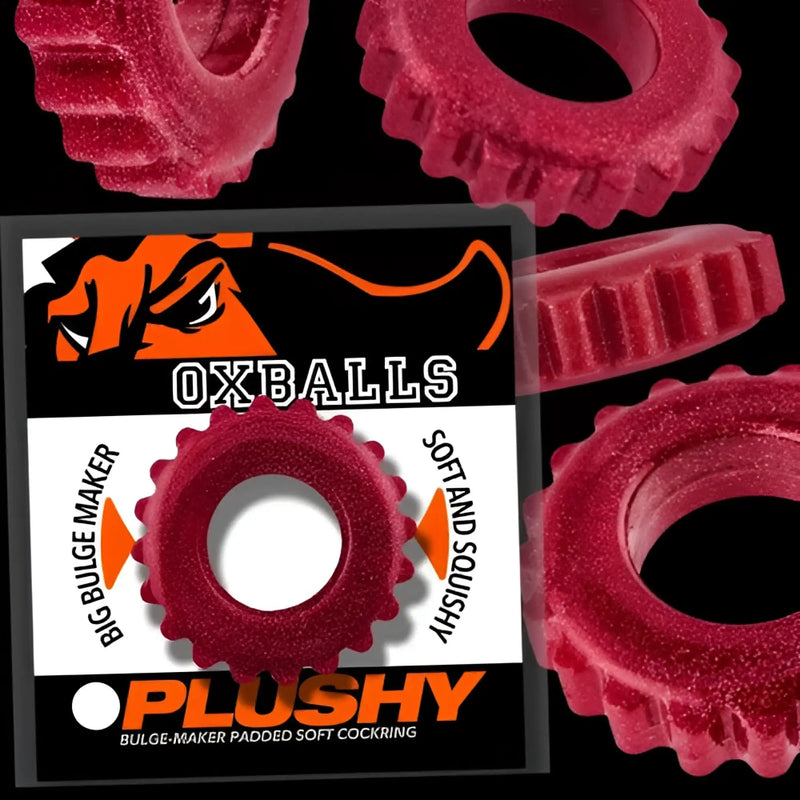 Red textured gear-shaped oxballs plushy cockring made of soft squishy padded material for comfort