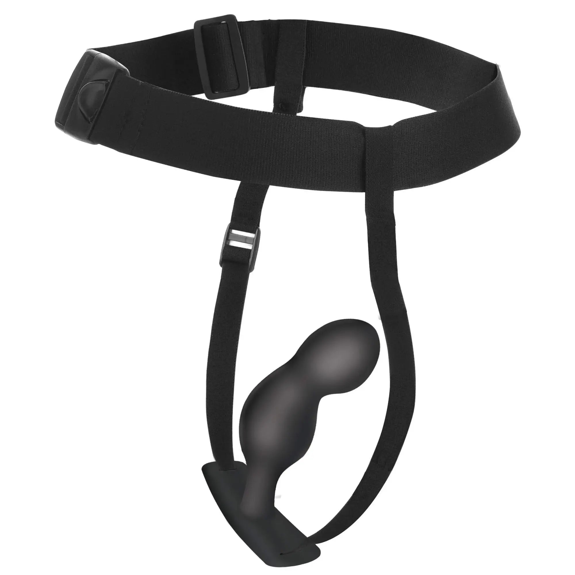 Black silicone p-spot plugger trainer with adjustable waist belt and metal buckle for comfort harness use