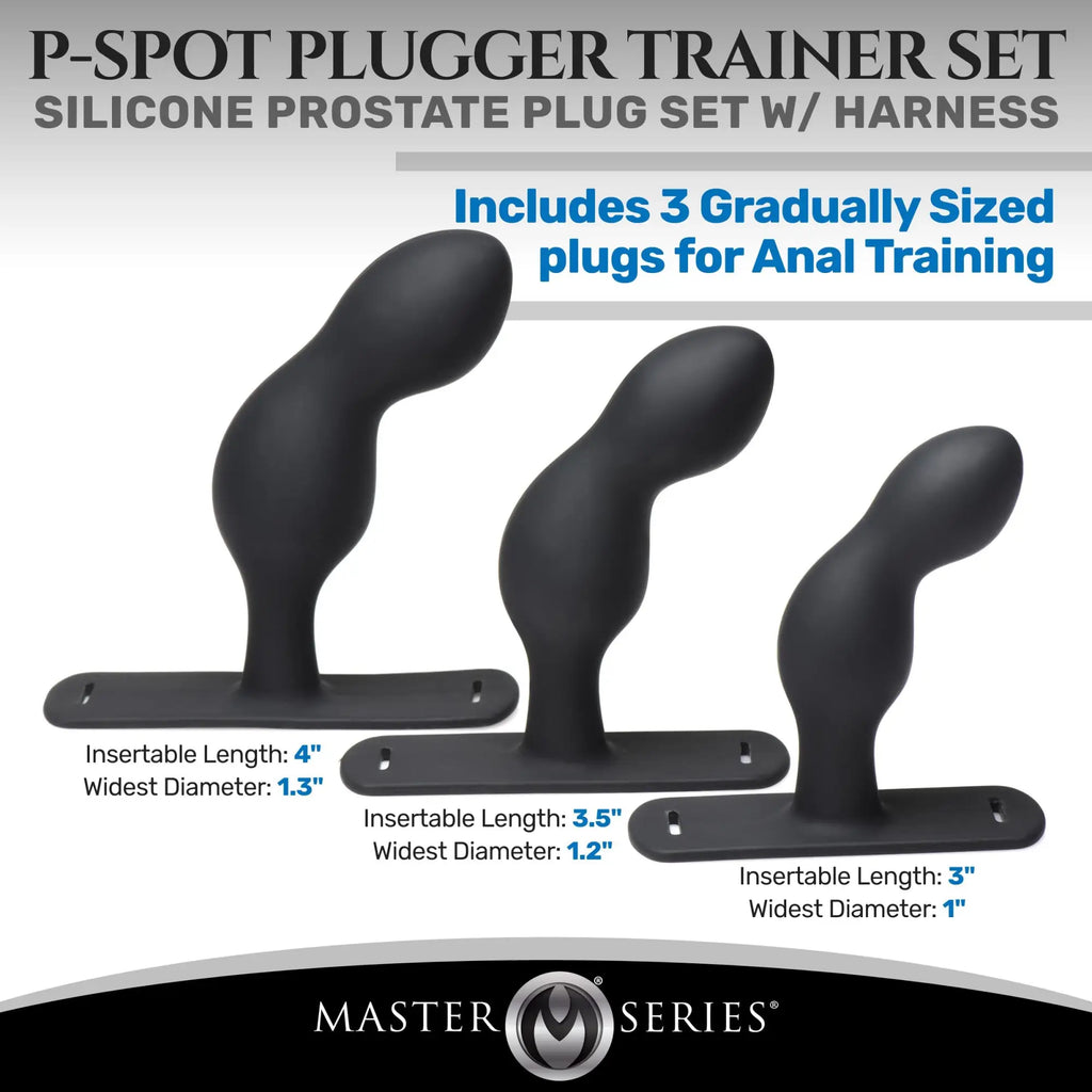Black silicone prostate plugs with curved tapered design and flat base plates from p-spot plugger trainer comfort harness