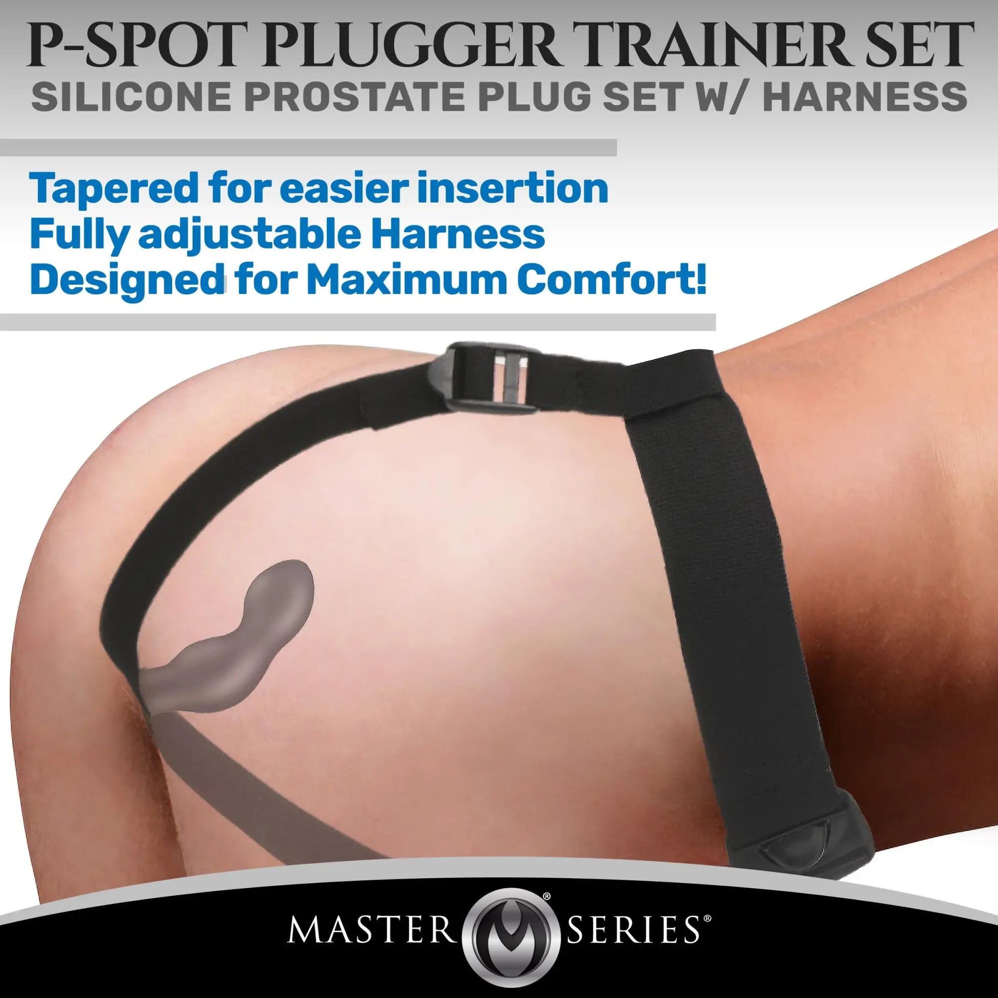 Black silicone prostate plug set with adjustable comfort harness designed for ease of use and training