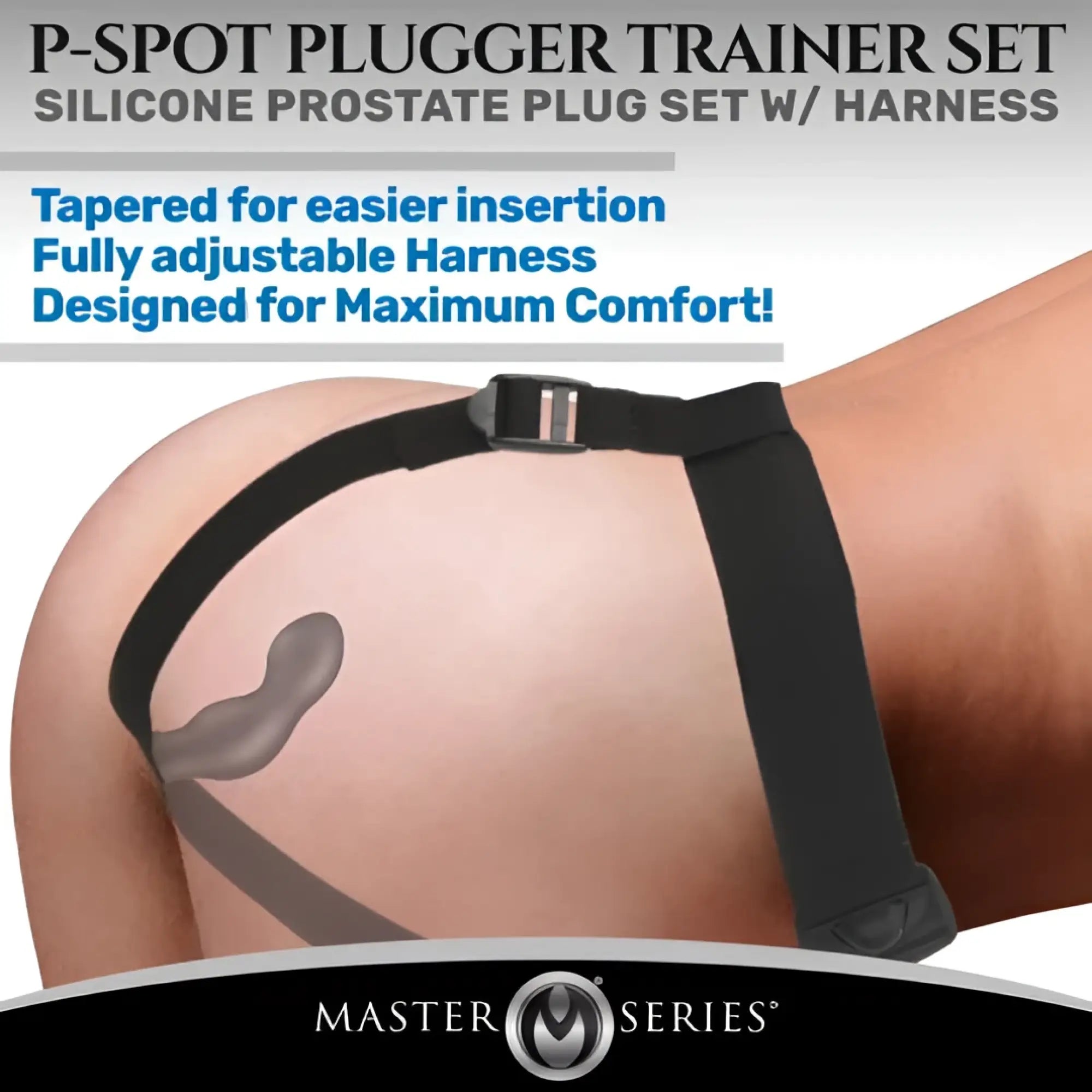 Black silicone prostate plug set with adjustable comfort harness shown from the back for p-spot training