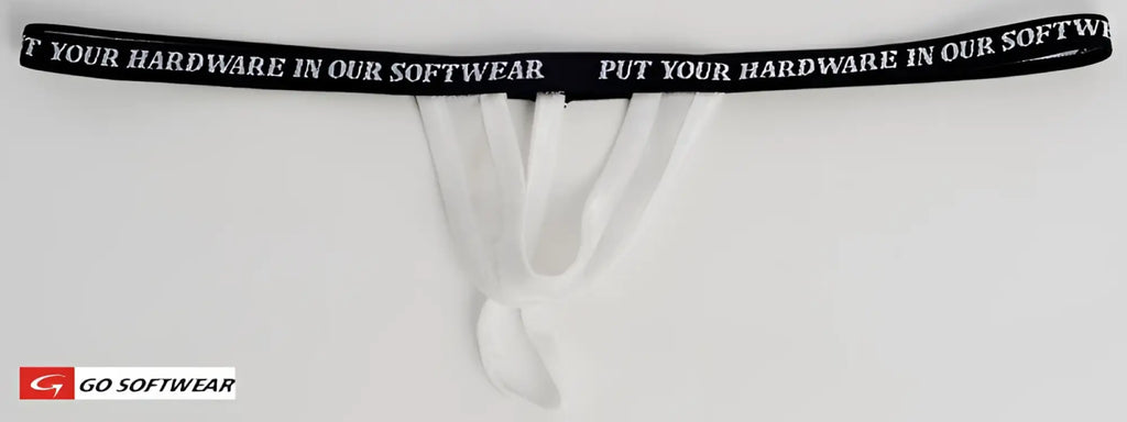 The package lifter with black elastic waistband featuring white text and three transparent thin fabric straps hanging down