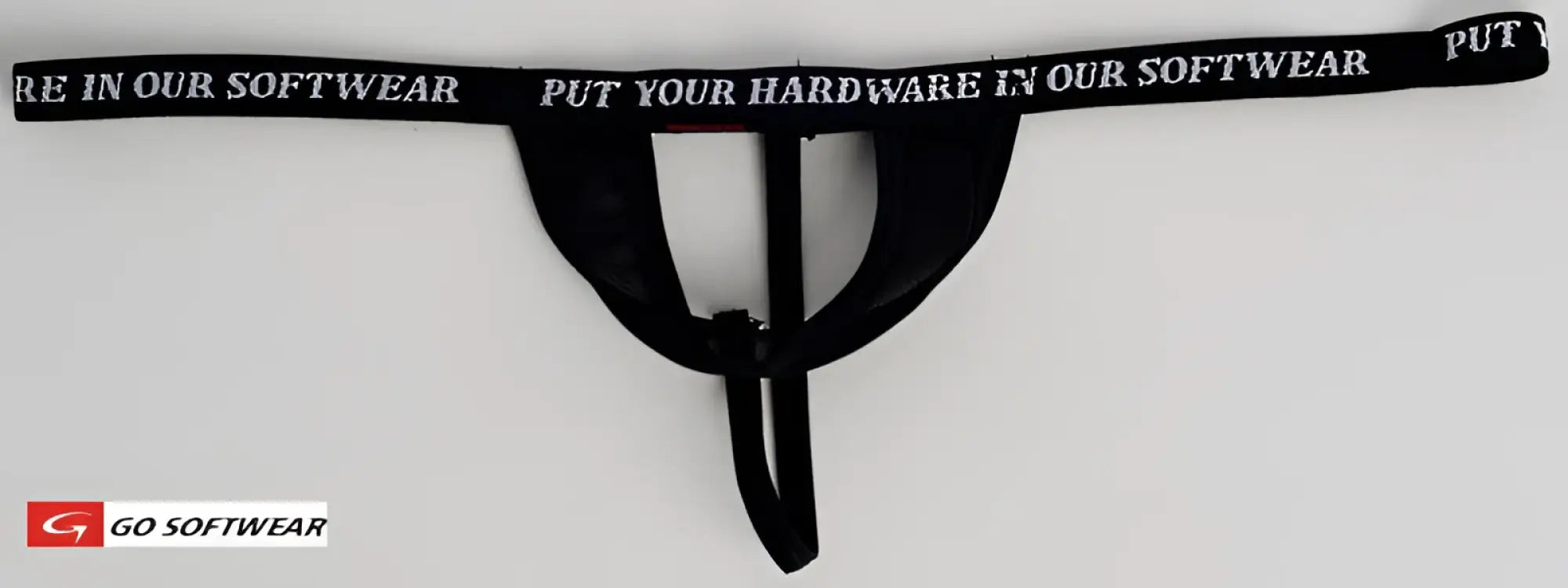 Black mesh thong the package lifter with white put your hardware in our softwear text on waistband by go softwear