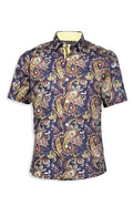 A navy blue short-sleeved paisley s s shirt with vibrant gold red and cream pattern for casual wear