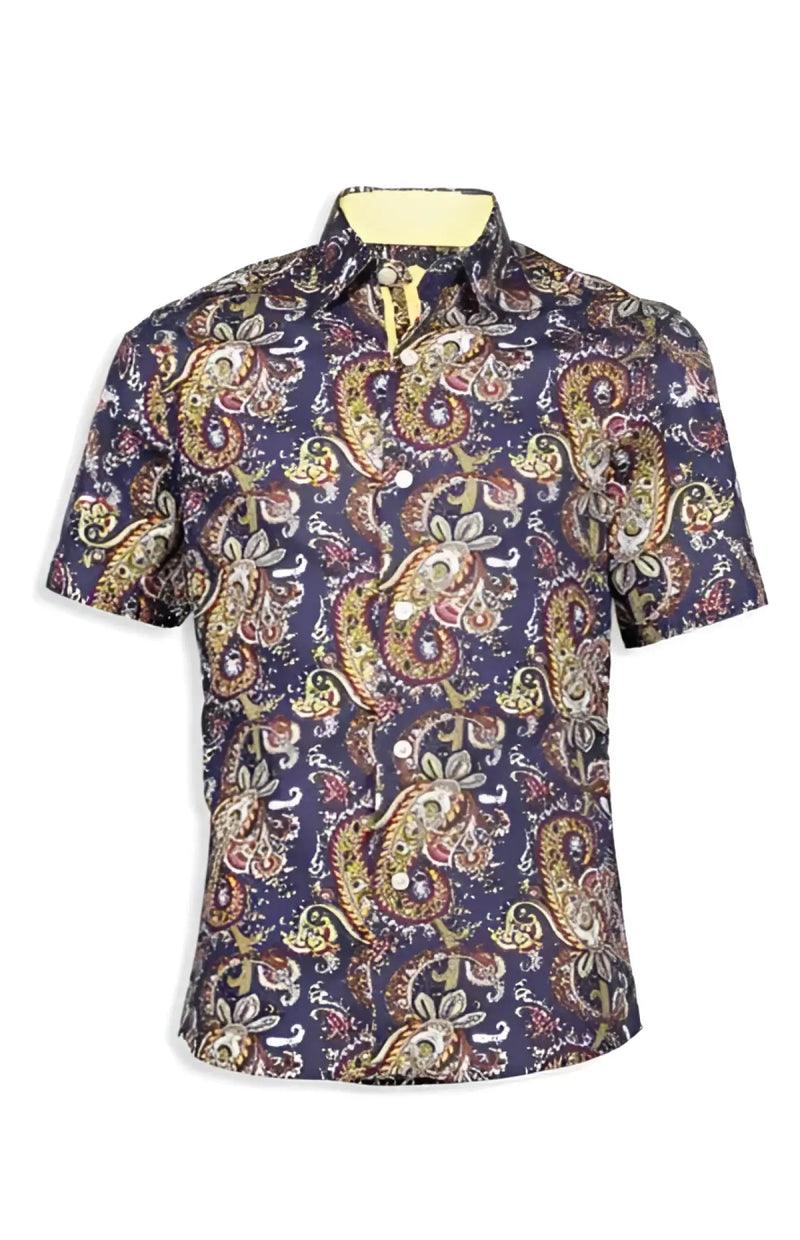 A navy blue short-sleeved paisley s s shirt with vibrant gold red and cream pattern for casual wear