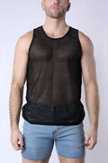 Black palm canyon mesh tank top with round neckline and elasticated hem showing front view