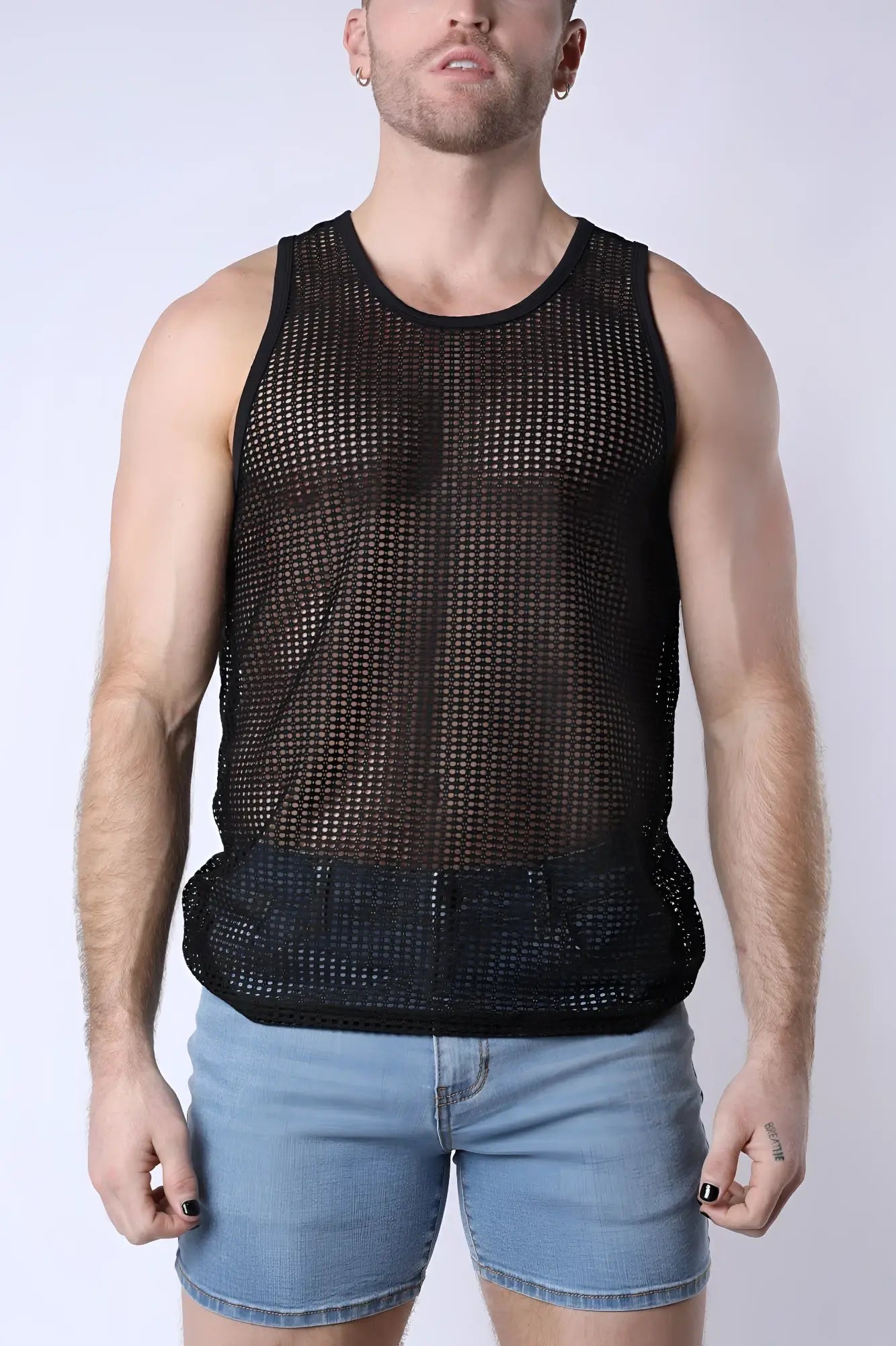 Black palm canyon mesh tank top with round neckline and elasticated hem showing front view