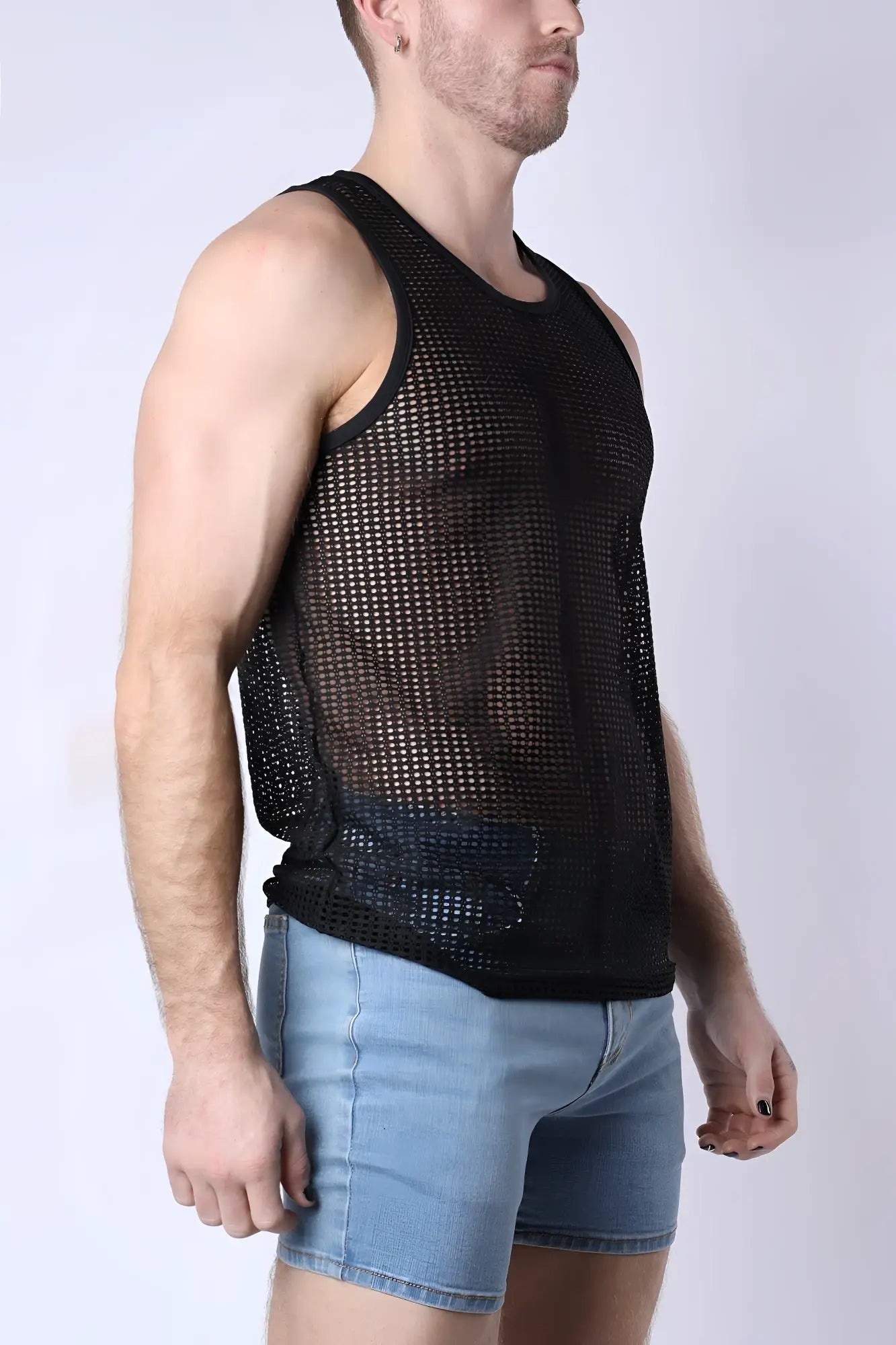 Black mesh tank top with subtle gradient effect featuring breathable fabric in the front view