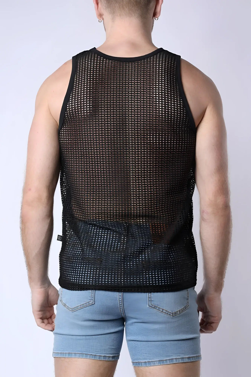 Black palm canyon mesh tank top with subtle grid pattern and reinforced shoulder straps in breathable fabric