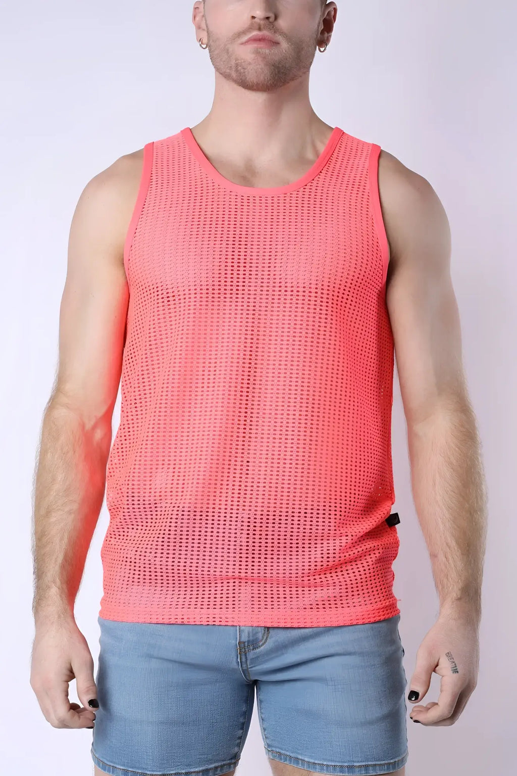 Palm canyon mesh tank top vibrant coral pink mesh with round neckline and subtle black side seam trim