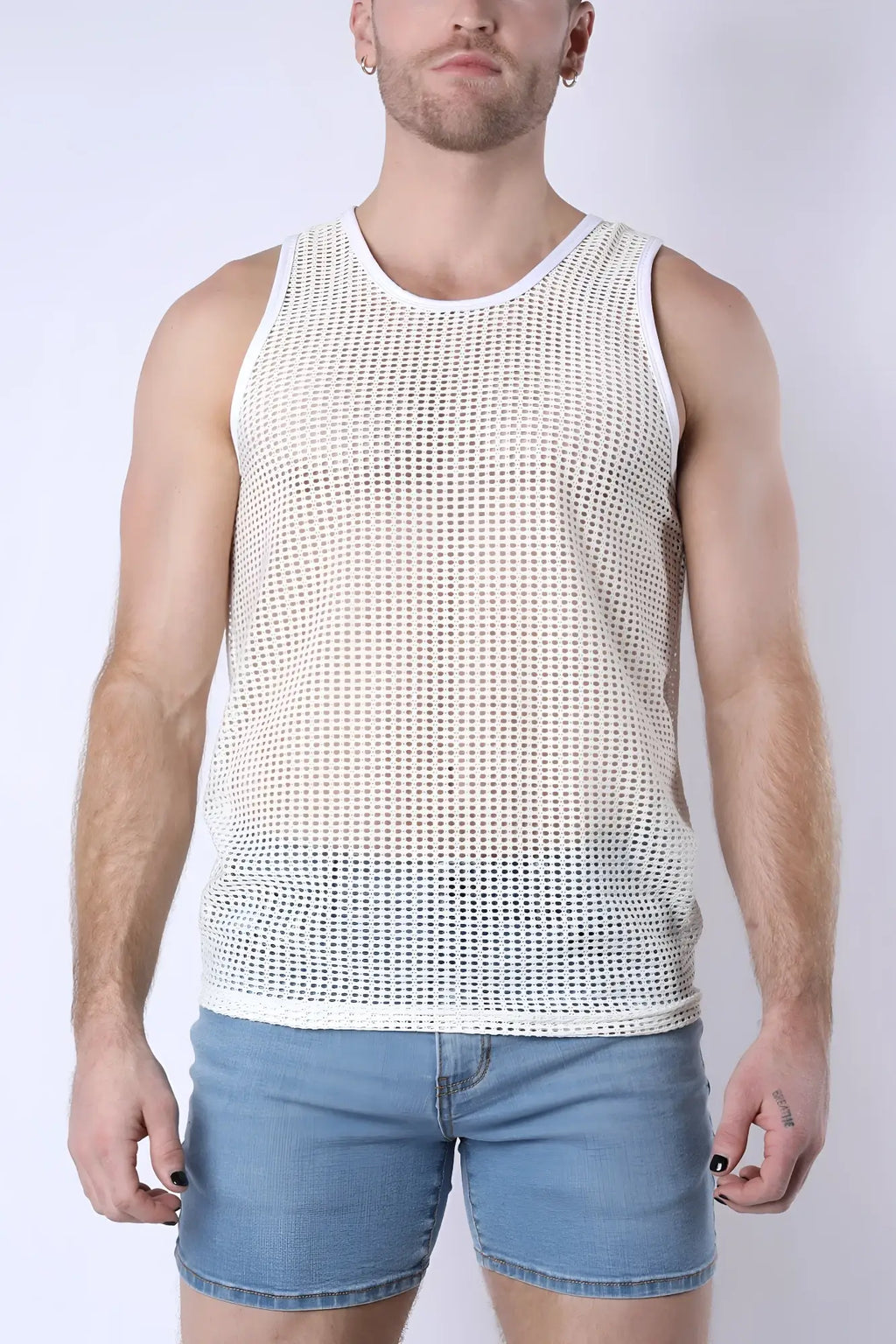 White palm canyon mesh tank top with round neckline sleeveless design made of breathable mesh fabric