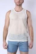 White palm canyon mesh tank top with round neckline sleeveless design made of breathable mesh fabric
