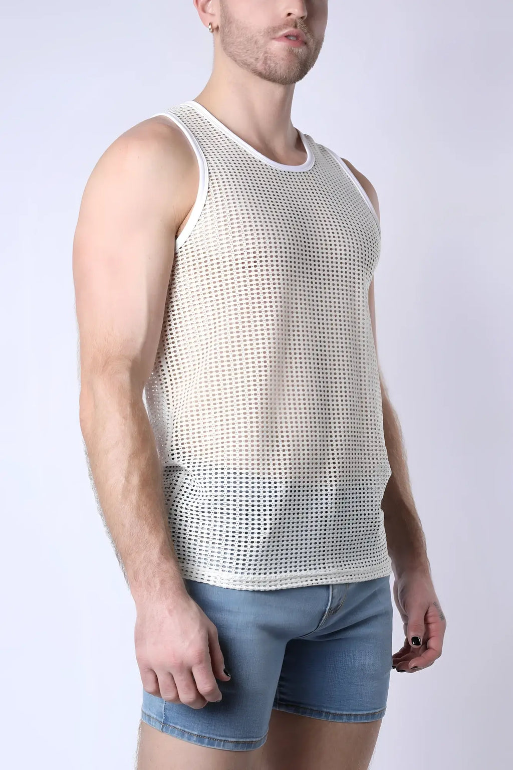 Palm Canyon mesh tank top is a white sleeveless top featuring a round neckline and breathable mesh fabric