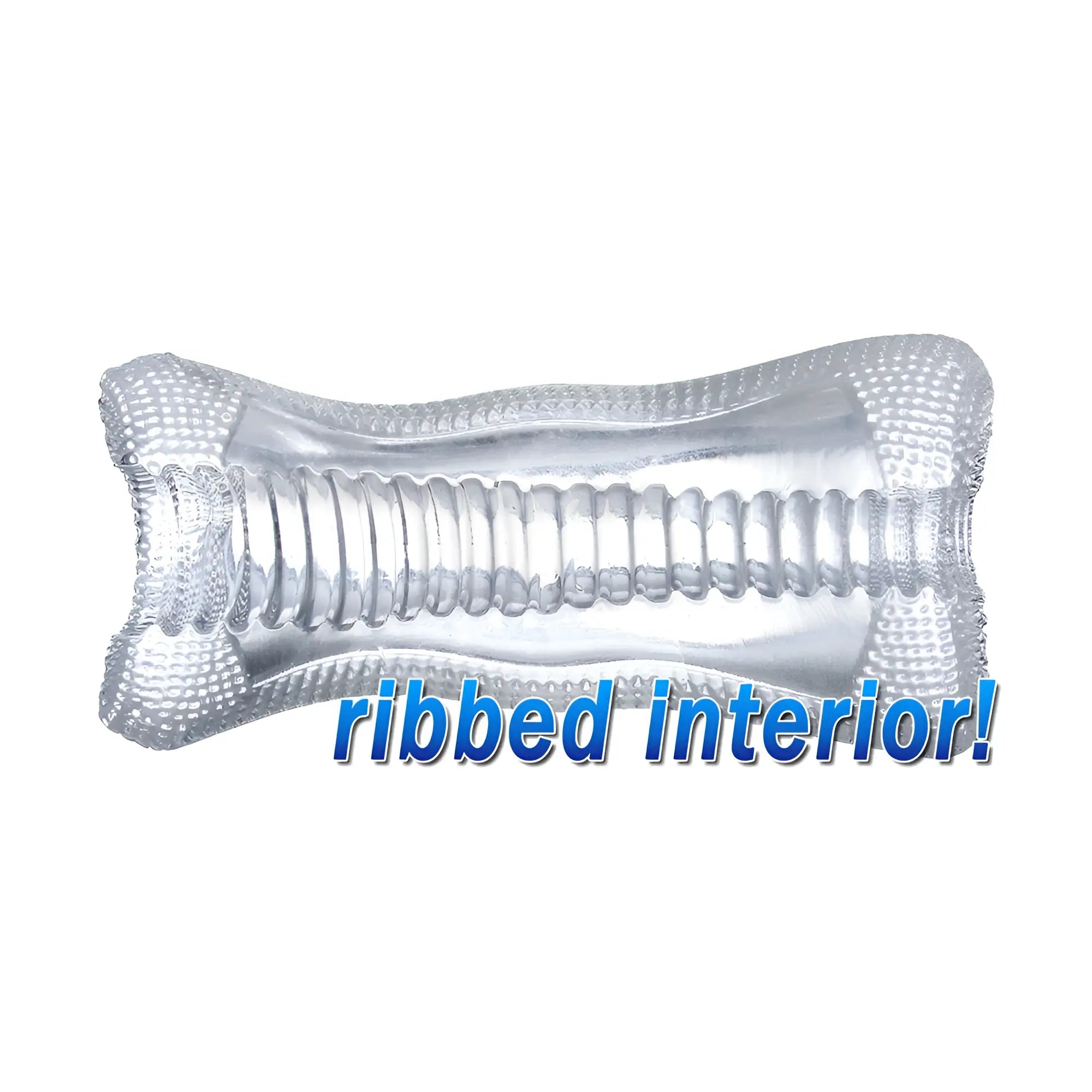 Clear Palm-Tec DX17 stroker, a cylindrical sleeve featuring a textured exterior and a ribbed interior design.