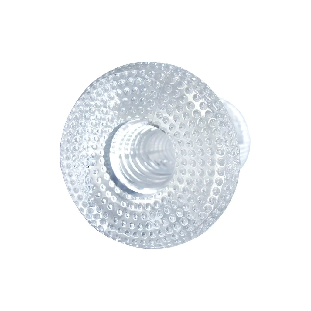 Palm-Tec DX17 Clear Stroker: A transparent, textured sleeve with a dimpled exterior and ribbed internal tunnel.