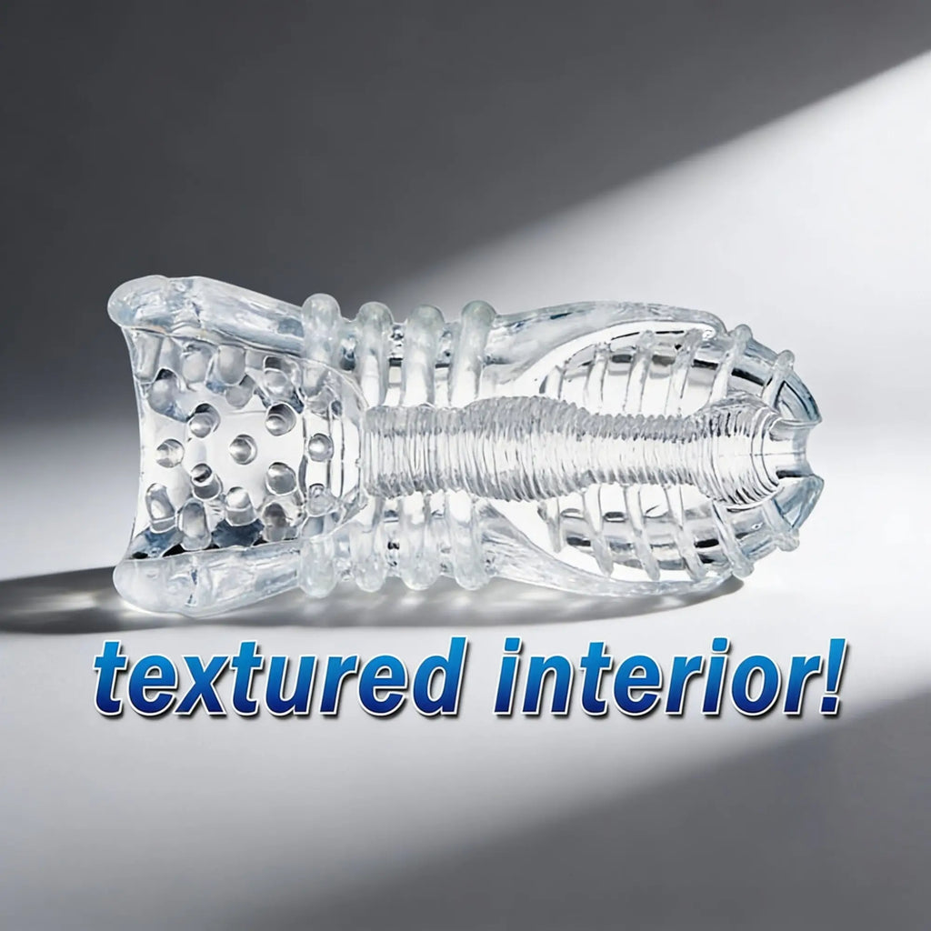 Palm-Tec LX20 Intense Stroker: A clear, flexible sleeve with complex internal ridges and beads for texture.
