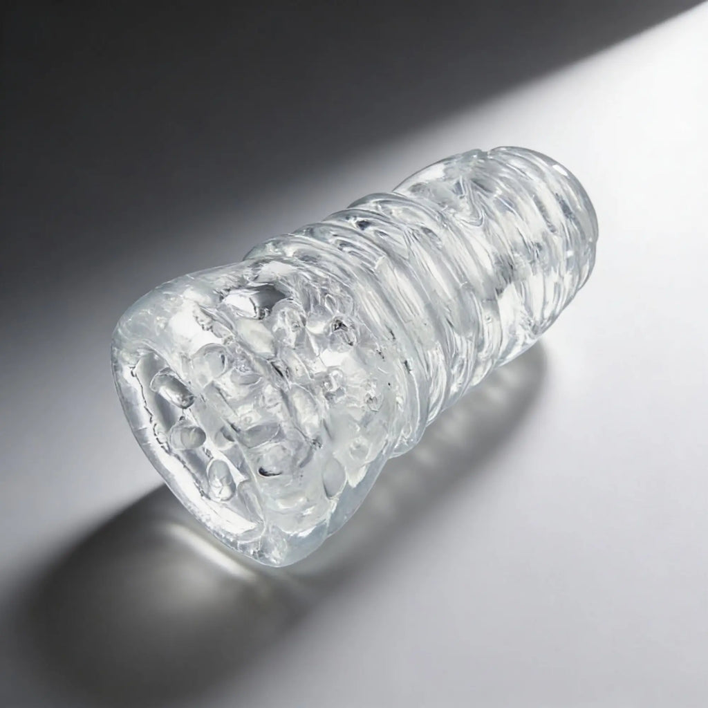 Palm-Tec LX20 Intense Stroker: A clear, cylindrical sleeve with internal textured ridges and bumps.