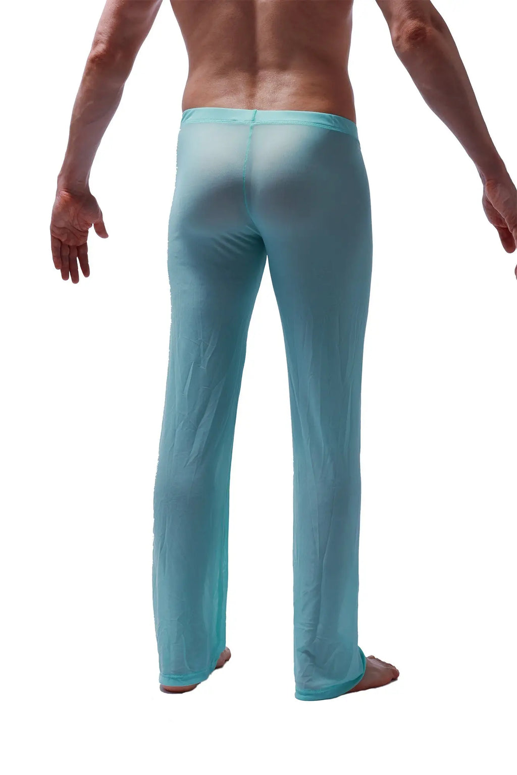 Light blue sheer men’s lounge pants made from lightweight net fabric for comfortable casual wear