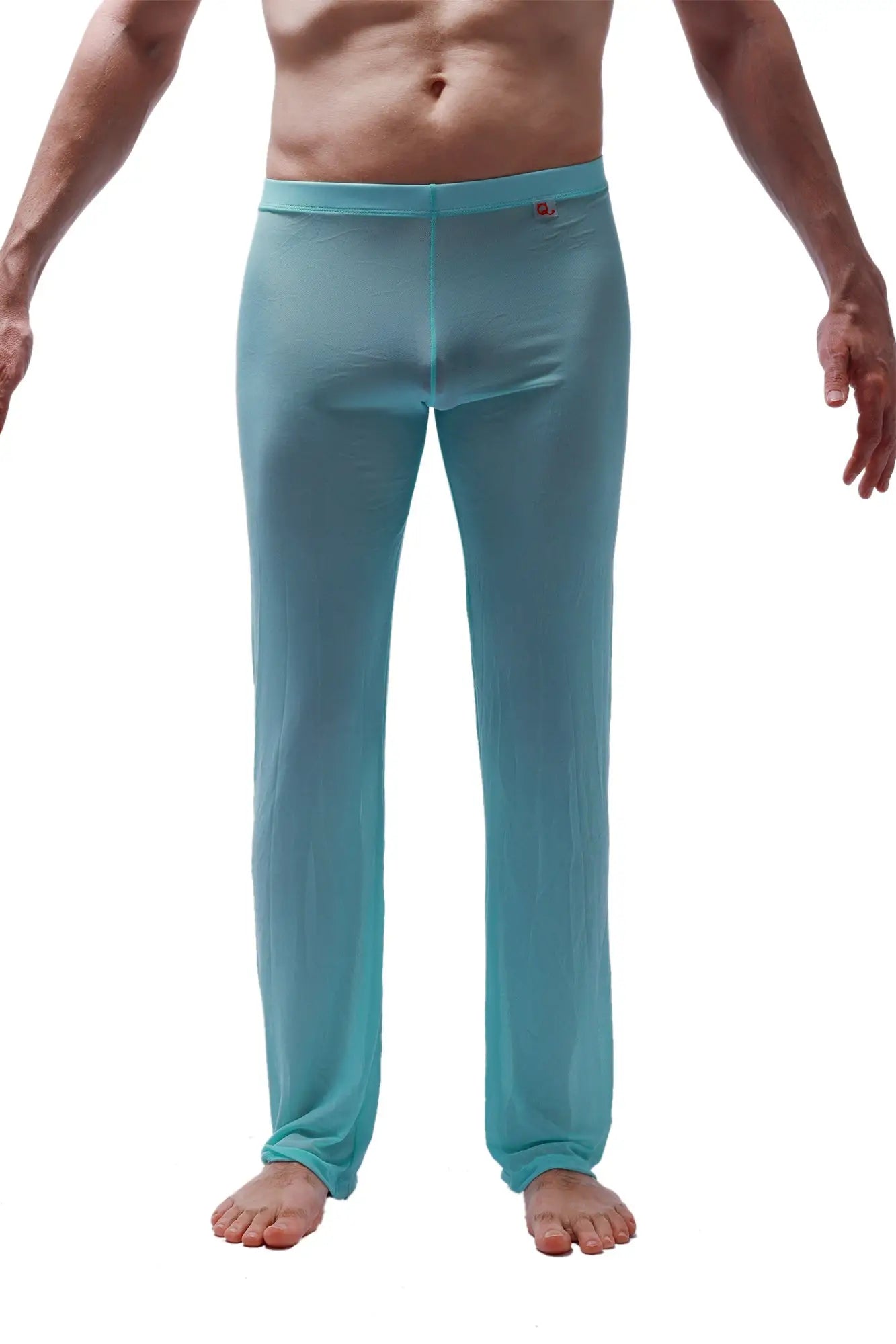 A pair of men’s sheer turquoise lounge pants with a snug fit and elastic waistband called pants net teal